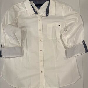 Tommy Hilfiger White Collard and Casual Button Down Shirt with Navy Accents